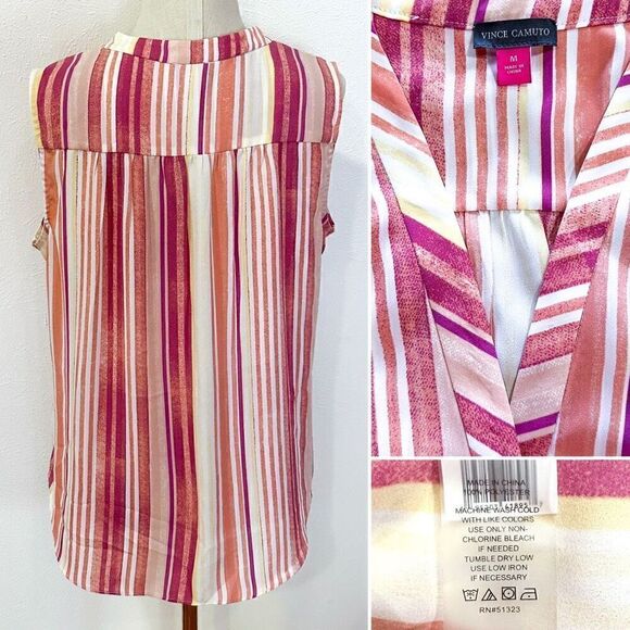 Vince Camuto Sleeveless V-Neck Canvas Stripe Blouse M - Picture 3 of 3